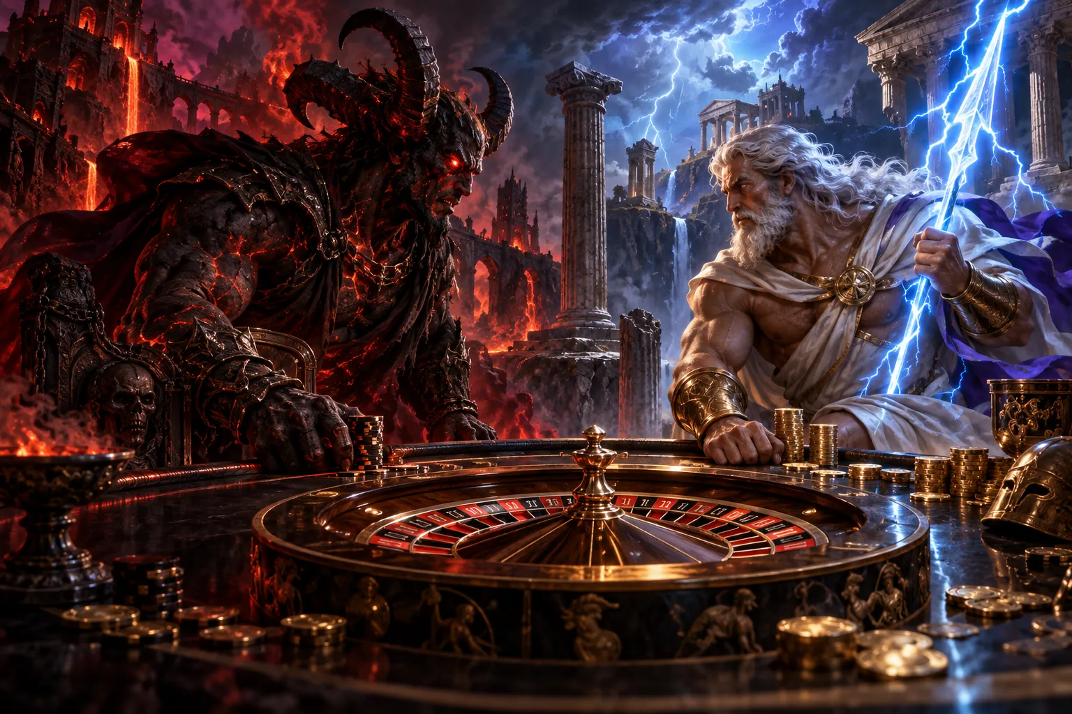 Original Zeus and demon casino scene with a roulette table and lightning